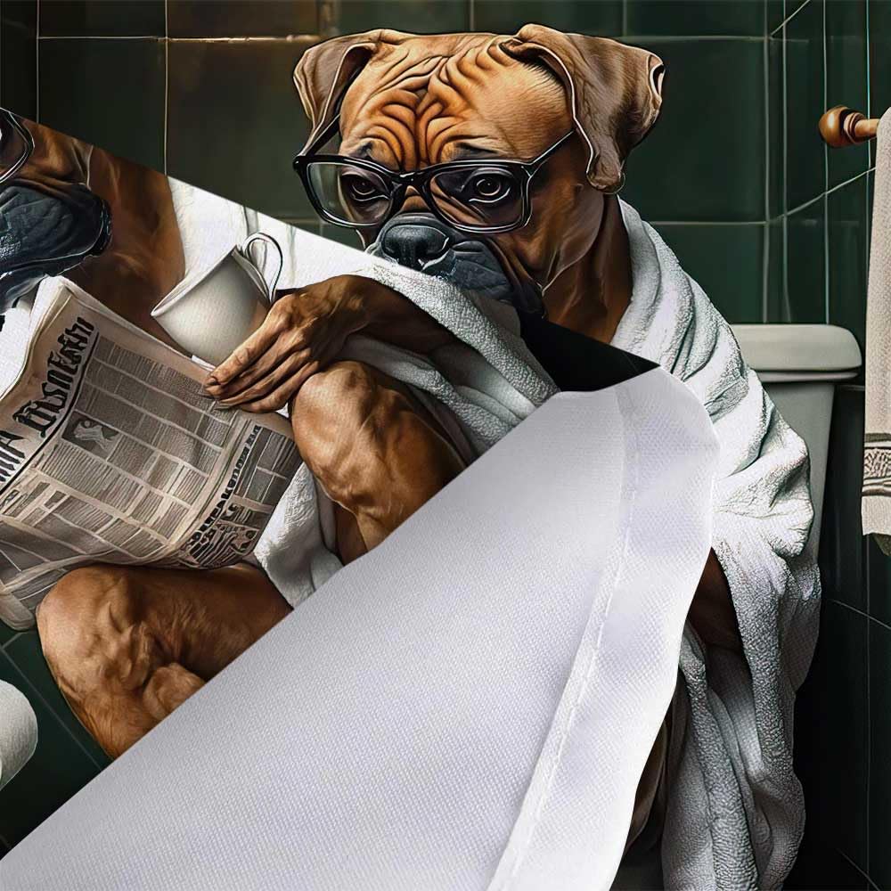 JAWO Funny Dog Bathroom Curtain, Cute Dogs Reading Newspaper on Toilet, Washable Cloth Kids Shower Curtain Set with 12 Hooks, 72X72