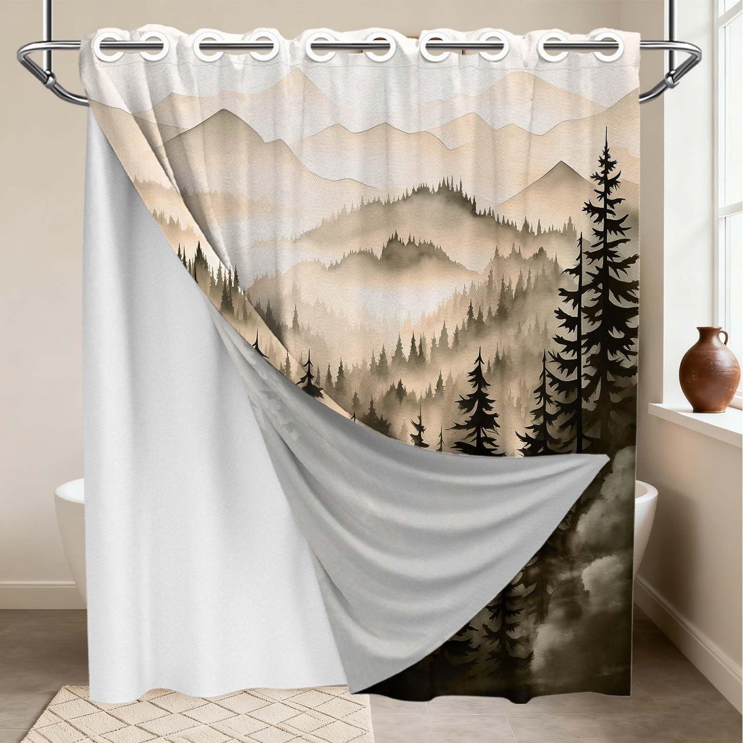 Bxpaitx Dark Brown Forest Hookless Shower Curtain with Snap in Liner Set, Chocolate Bronze Brown No Hook Shower Curtains for Mens Bathroom, Liner with Magnets, Waterproof Cloth Fabric, 71" W x 74" L