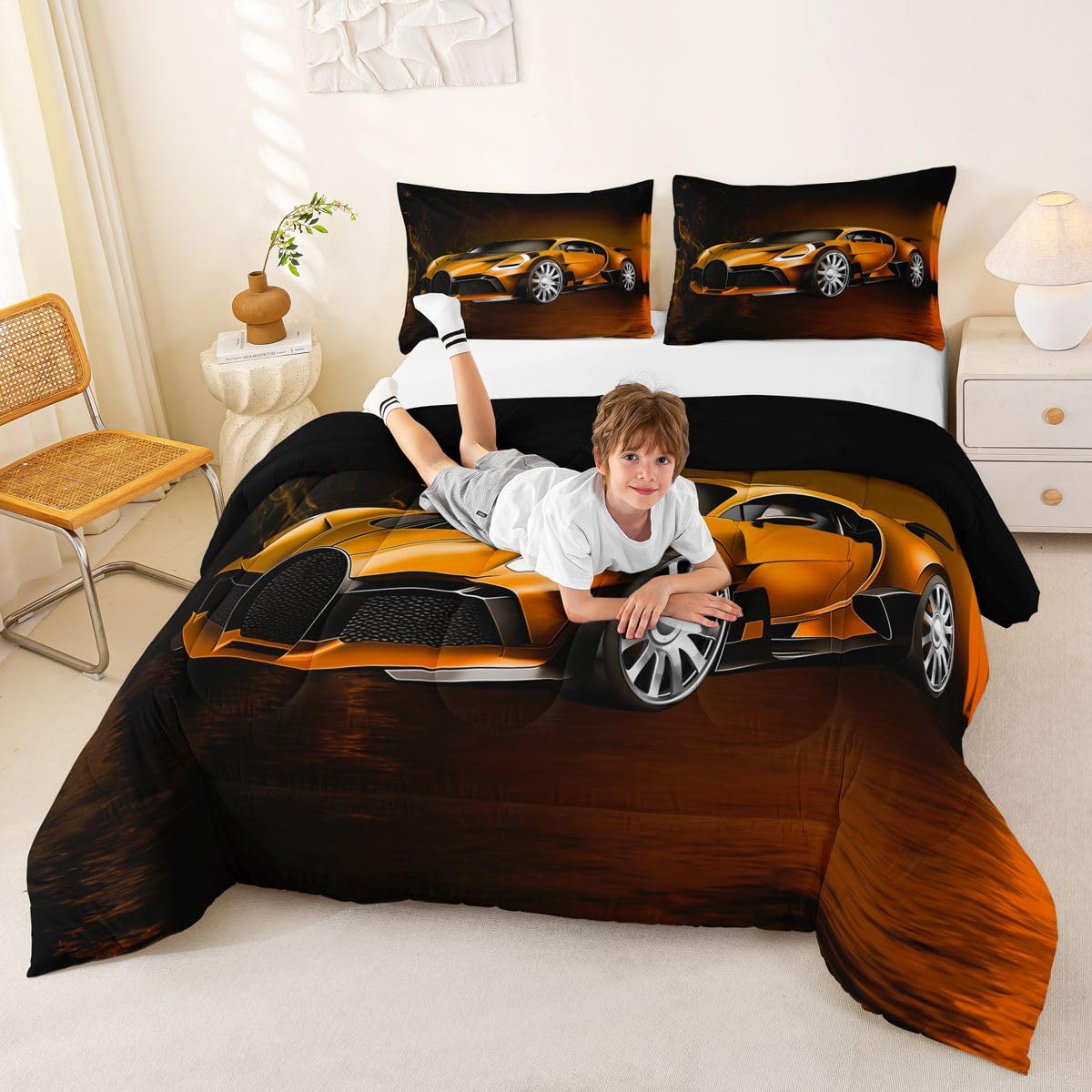 Feelyou Race Car Comforter Toddler Twin, Orange Racecar Bedding Set for Kids Boys Girls Down Duvet Insert Set Cool Speed Sports Car Bedroom Decor Quilt Comforter with 1 Pillowcase Warm Bedding