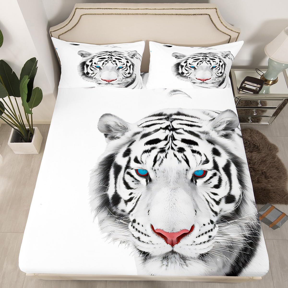 Feelyou Tiger Bedding Set White Tiger Print Bed Sheet Set for Kids Boys Adults 3D Animal Pattern Fitted Sheet Luxury Microfiber Bed Cover,Room Decor 3Pcs Sheets Full Size