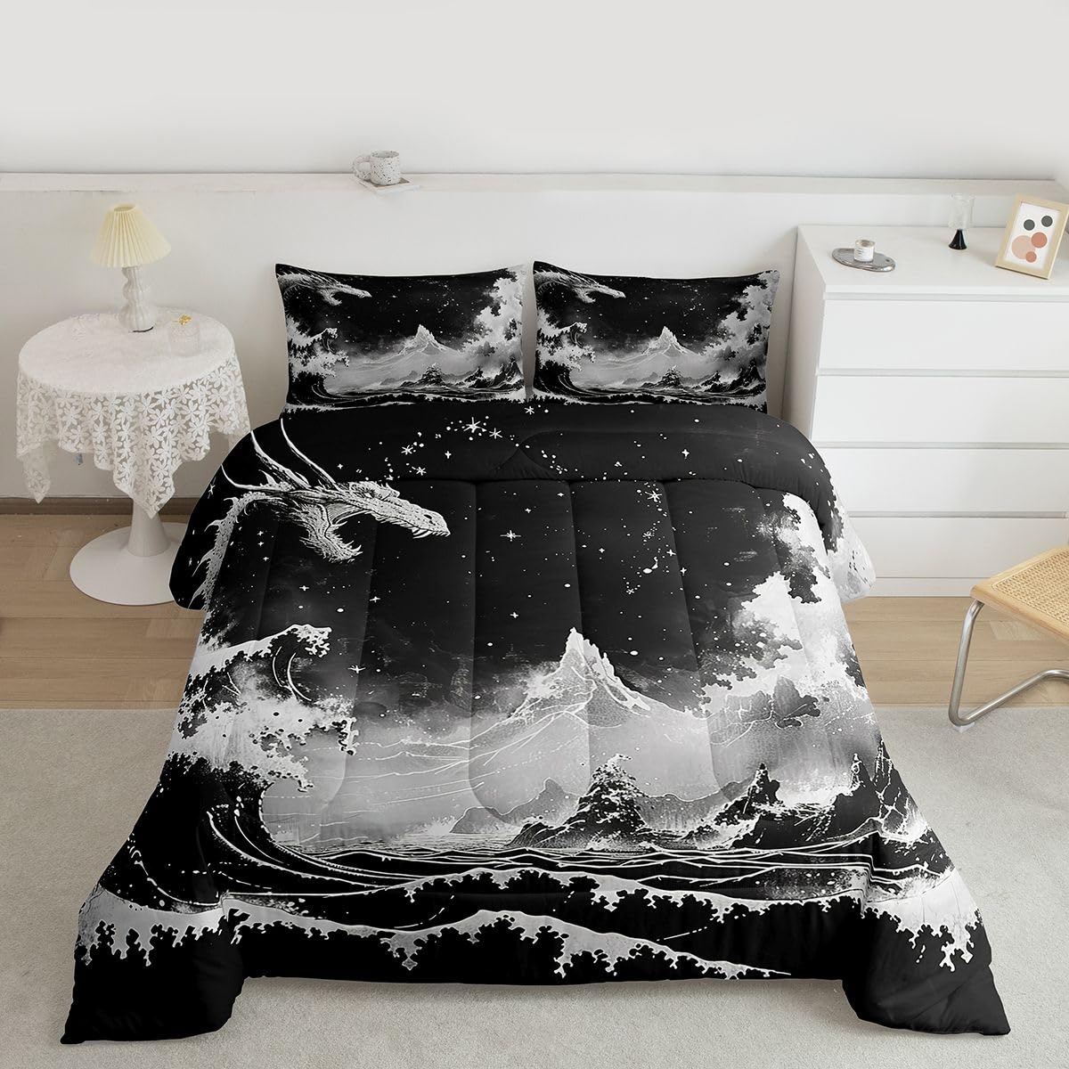 jejeloiu Black and White Wave Comforter Set Queen Size Japanese Style Bedding Set for Kids Boys Girls Ocean Wave Duvet Quilt Abstract Bedroom Decor Microfiber 3 Pcs with 2 Pillow Cases