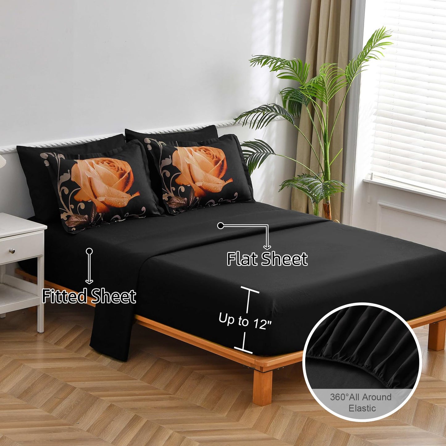 Xruibed Floral Comforter Set King 7 Piece Bed in a Bag Orange Rose Flower Comforter with Sheet Set Soft Micorfiber Bedding Set (1 Comforter,2 Pillow Shams,1 Flat Sheet,1 Fitted Sheet,2 Pillowcases)