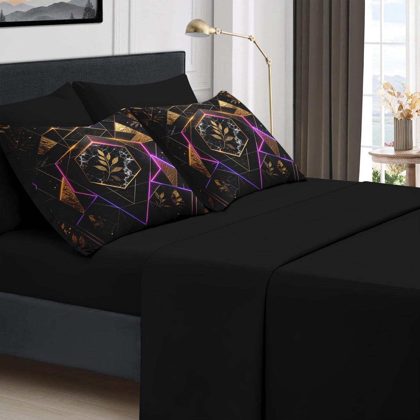 Boewywh Comforter Set Twin Size Marble Geometric Gold 7 Pcs, Bedding for Kids and Adults, Leaf Abstract Bed Sheet Sets with Fitted Sheet 2 Pillowcases & 2 Shams for Bedroom Bed Decor