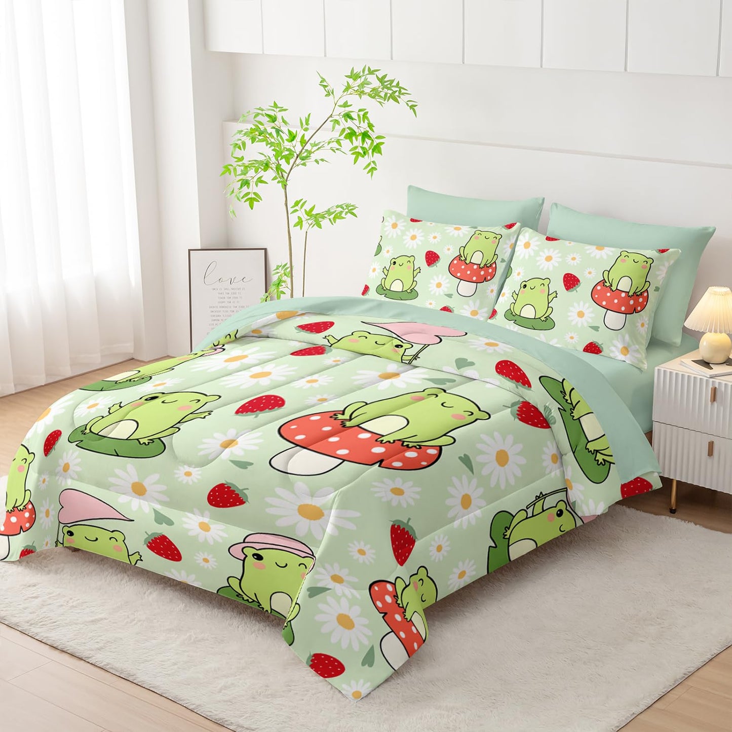 AILONEN Kawaii Frog Comforter Set Full 7-Piece Bed in a Bag,Green Cute Frog Bedding Set for Kids Boys Girls,Soft Comforter & Fitted Sheet with Flat Sheet,2 Pillowcases,2 Pillow Shams