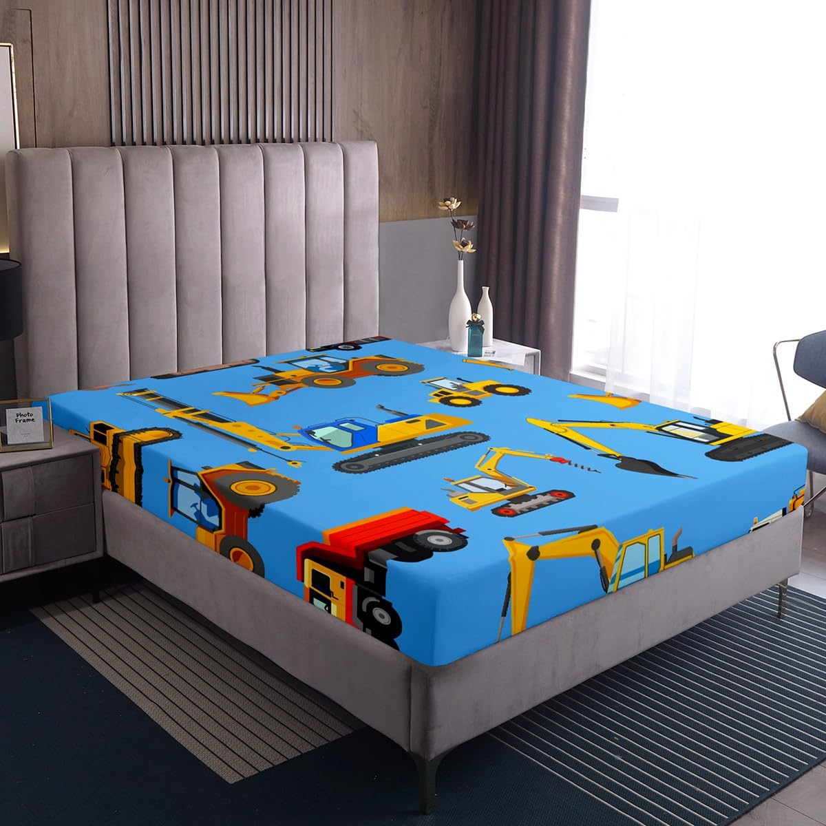 Kids Excavator Bedding Set, Construction Equipment Bed Sheets, Yellow Truck Print Fitted Sheet, Child Boys Girls Tractor Pattern Bedroom 2 Piece Bedding Set with 1 Pillow Sham, Twin Size, Blue