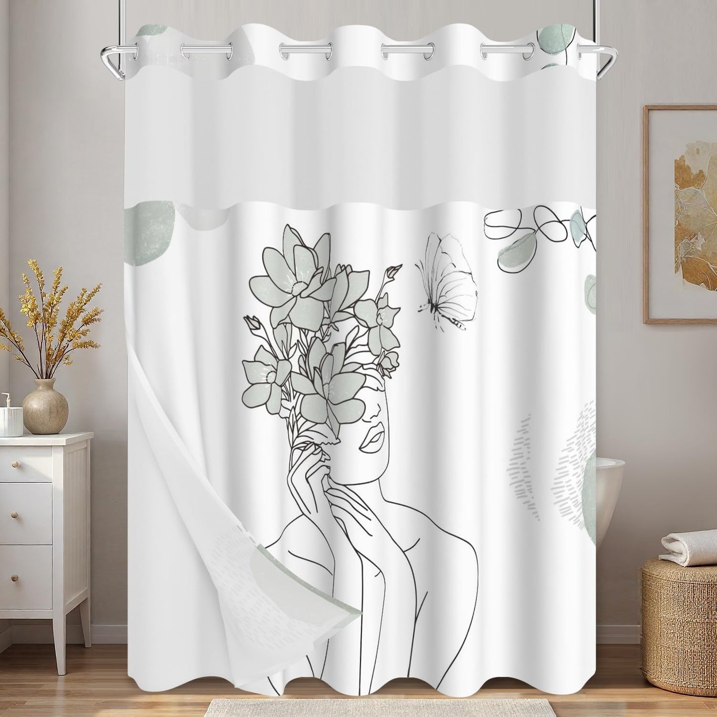 Xiazhilaio Minimalist Artistic No Hook Shower Curtain with Snap in Liner