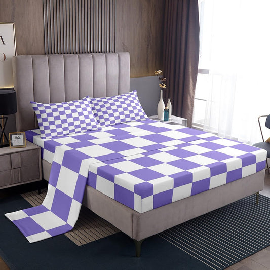 Checkered Retro Bed Sheets Set Full Size Purple Plaid Bed Set for Kids Boys Girls Geometric Vintage Deep Pocket Fitted Sheet Modern Simple Groovy Aesthetic Breathable Soft Lightweight Microfiber