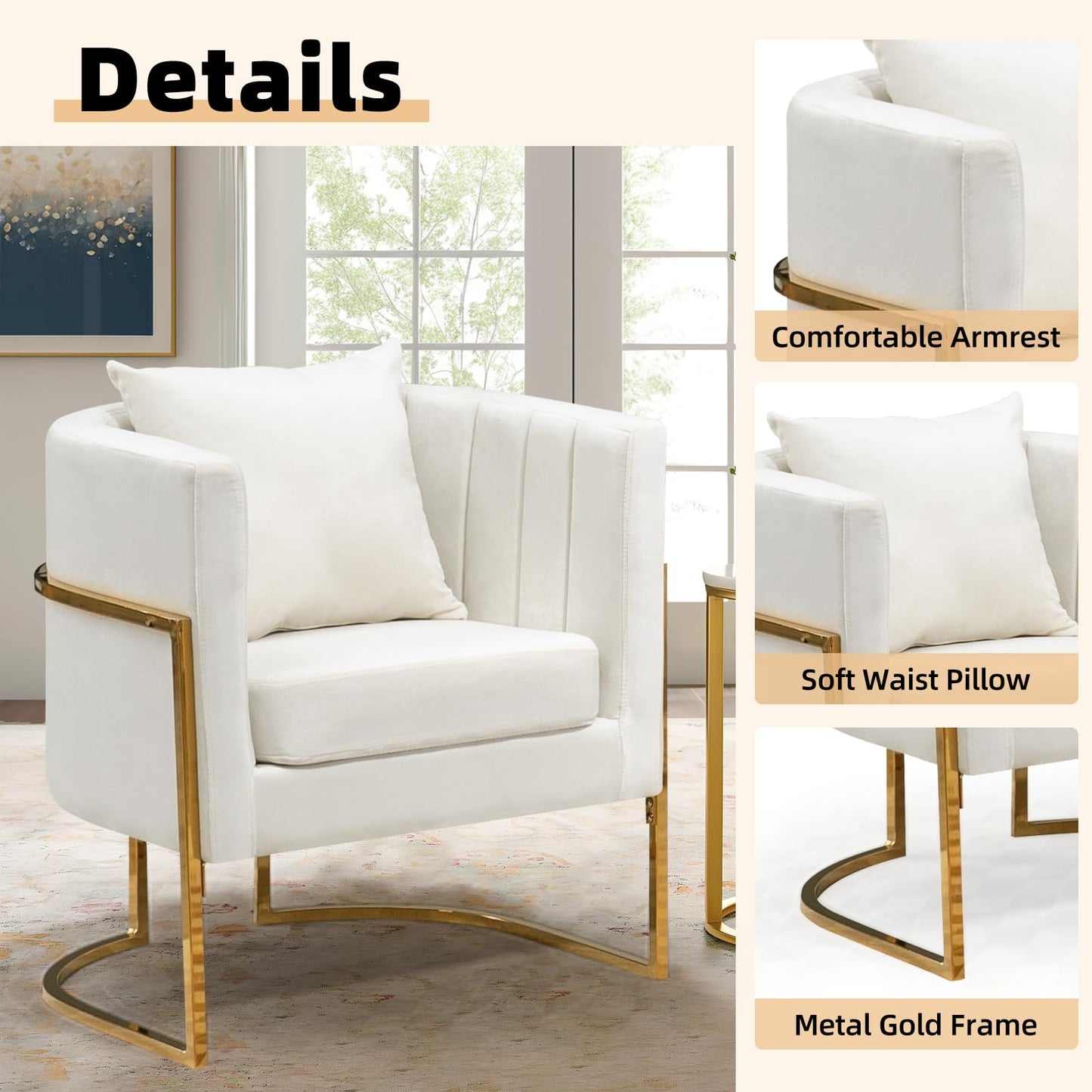 Newnno Velvet Accent Chairs Set of 2, Mid Century Modern Upholstered Barrel Armchair with Pillow for Living Room, Comfy Single Club Chair with Metal Gold Legs for Bedroom, White