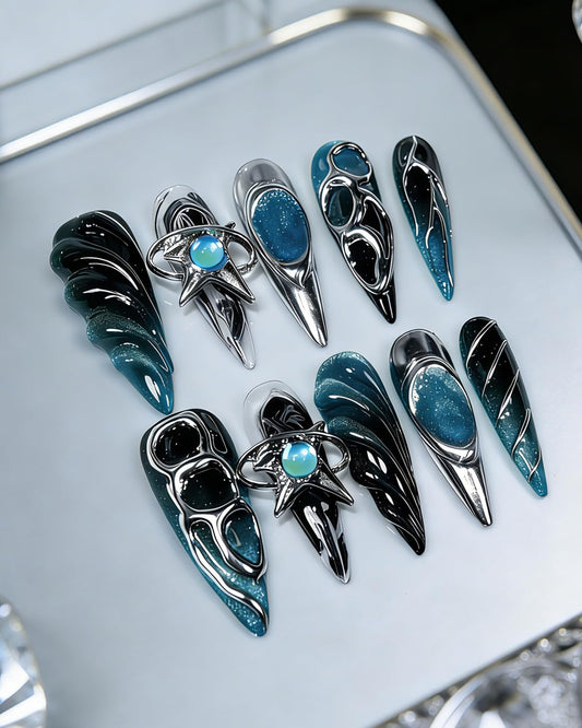 CAMILCY Luxury Handmade Press on Nails Long Stiletto Blue Black Chrome 3D Star Charm Glossy Gothic Fake Nails Reusable Acrylic Nail Tips for Women 10pcs (A036,M)