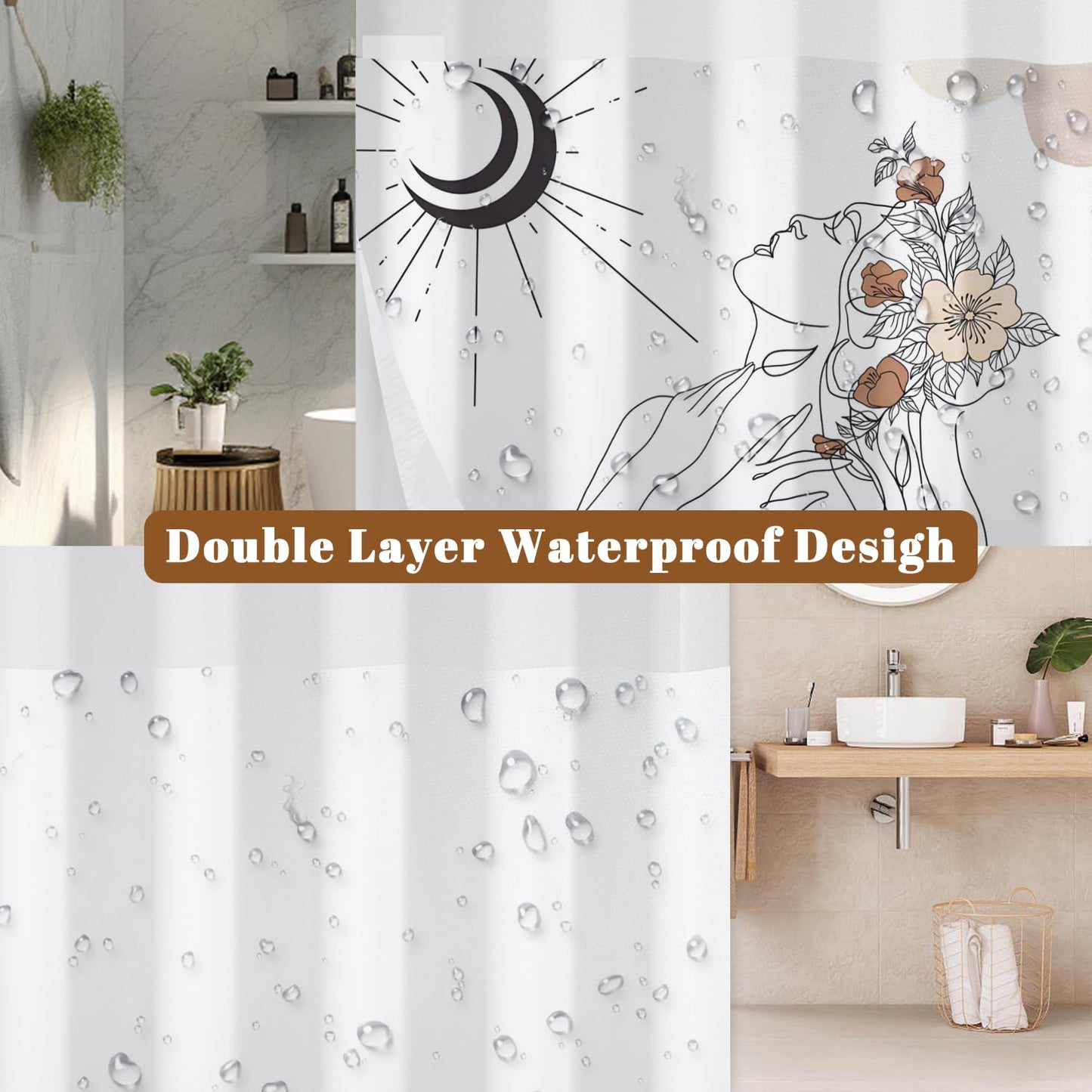 Xiazhilaio No Hook Bohemian Art Shower Curtain with Snap in Liner - 71″W x 74″L Waterproof Fabric with Mesh Top Window, Abstract Woman Floral Celestial Print Bath Curtain for Artistic Bathroom Decor