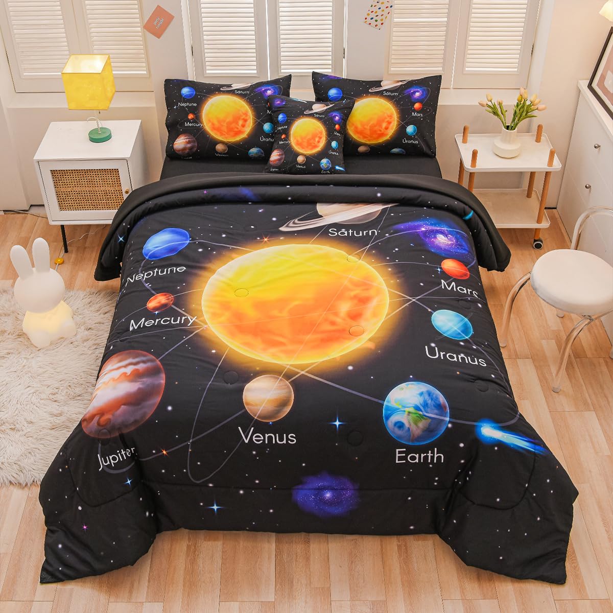 Tasselily 6 Pcs Bed in A Bag Twin Comforter Set for Boys, Solar System Universe Planet Comforter, Space Bedding Sets with Sheets for Kids