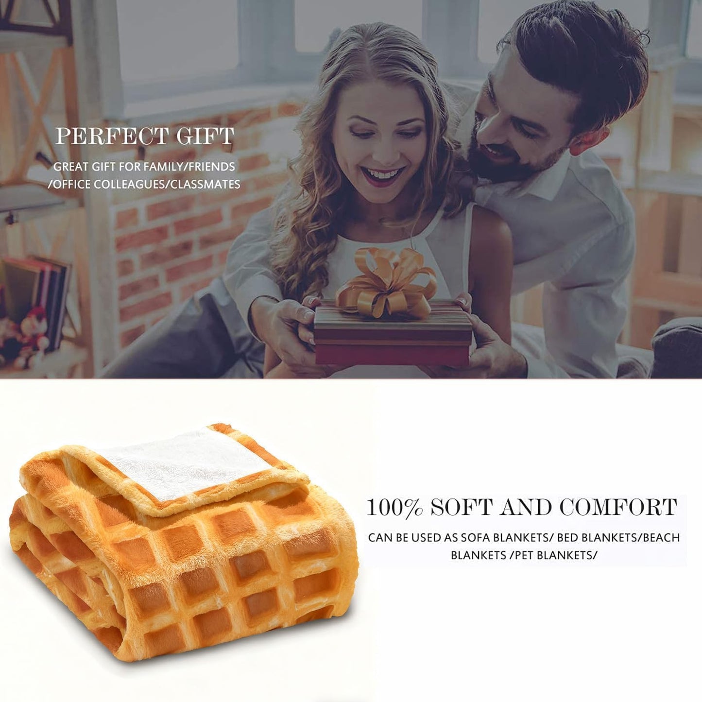 Lifeella Realistic Waffle Throw Blanket, Super Soft Warm Flannel Fleece Nap Food Blankets for Couch Dorm Sofa Room, Funny Gag Gifts for Teenage Boys and Girls, 50×60 inch