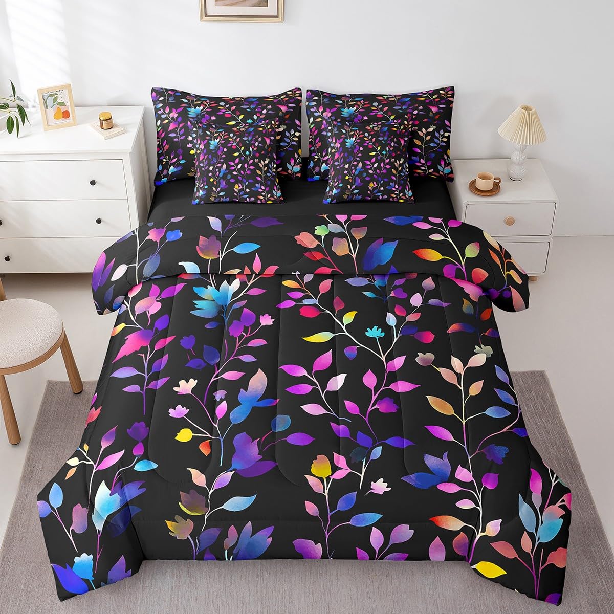 Erosebridal Botanical Comforter Set 7 Piece Bed in a Bag Twin,Tree Branches Leaves Bedding Sets Rustic Plant Leaf Sheet Set with Comforter,Jungle Bed Set