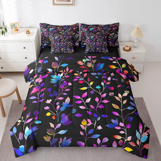 Erosebridal Botanical Comforter Set 7 Piece Bed in a Bag Twin,Tree Branches Leaves Bedding Sets Rustic Plant Leaf Sheet Set with Comforter,Jungle Bed Set