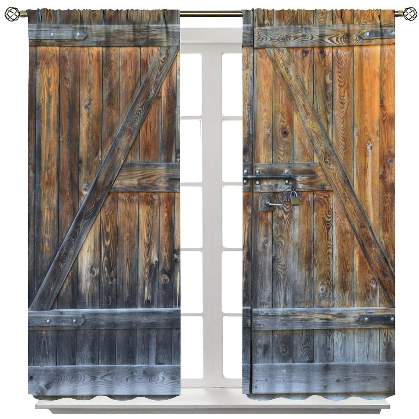Wood Barn Door Decor Curtain, Retro Rustic Farmhouse Wooden Door Countryside Village Pattern Print Rod Pocket Window Drapes, for Living Room Bedroom Kitchen 42" W X 45" L
