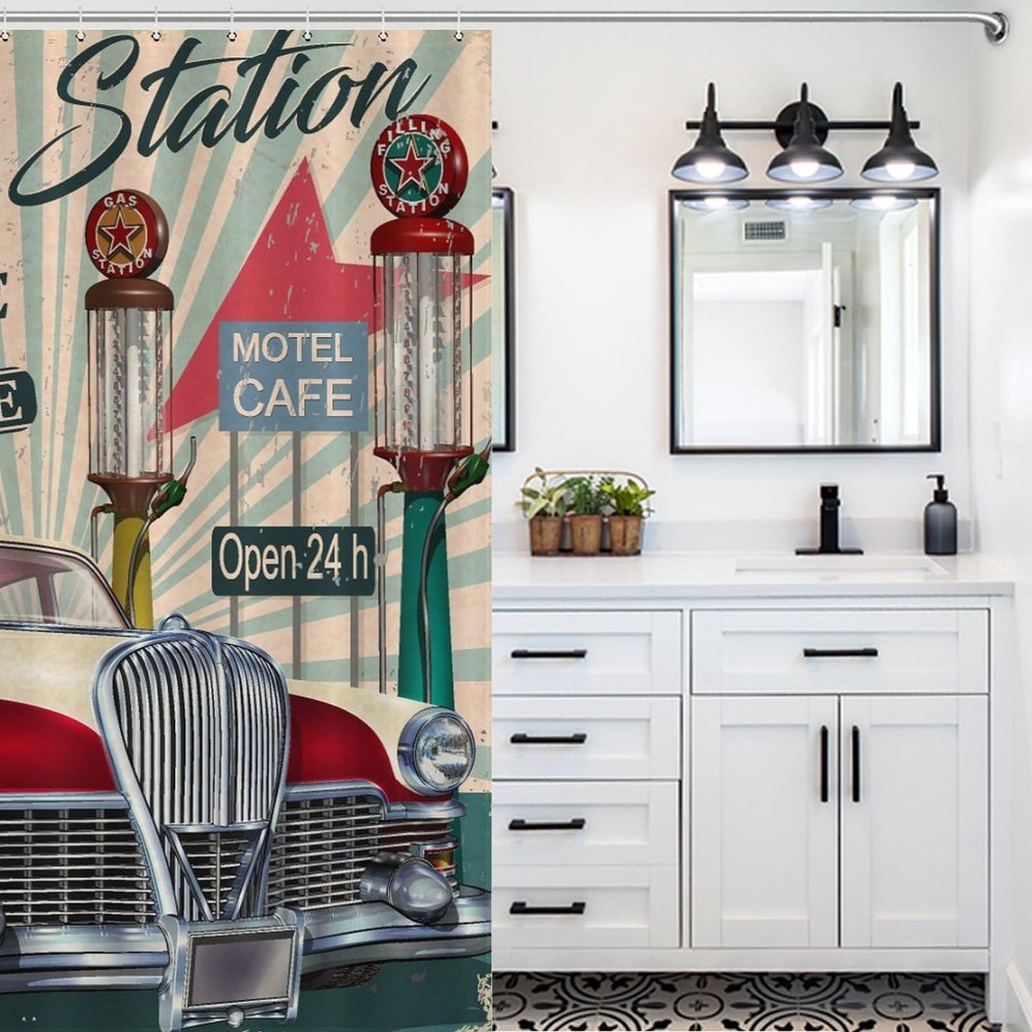 TFOSO Vintage Car Shower Curtain,Old Antique Car Classic Parking Fabric Bathroom Shower Curtain Set with Hooks 66x72in（168x183cm）