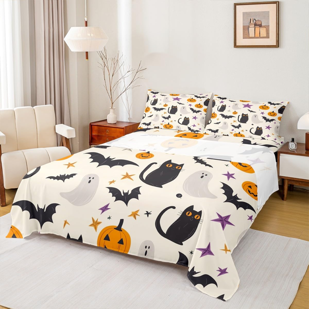 Feelyou Happy Halloween Bed Sheets Set Twin Size Cute Ghost Cat Bed Set Beige Black Orange Deep Pocket Fitted Sheet Pumpkin Lantern Bats Breathable Soft Lightweight Microfiber