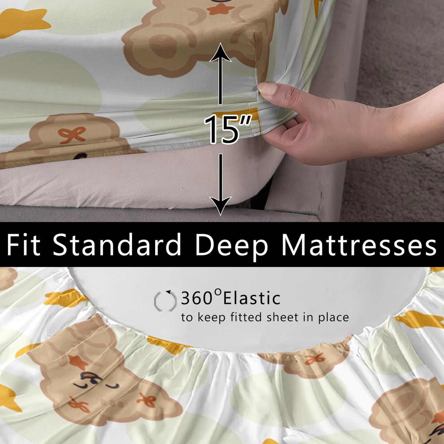 AILONEN Cute Bear Fitted Sheet Set Twin Size,3-Piece Kawaii Brown Teddy Bear Bed Sheet Set for Boys Girls,Lovely Animal Themed Fitted Sheet with 2 Pillowcases