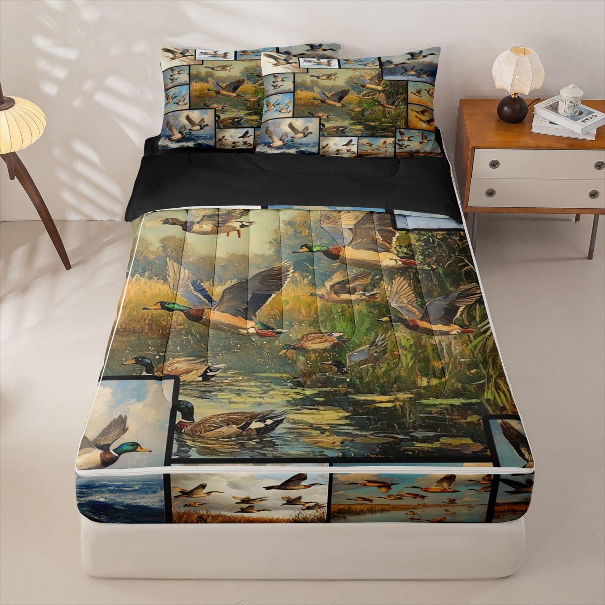 Feelyou Mallard Duck Zipper Bedding Hunting Animal Duck Comforter Set for Kids Boys Girls Queen Size Rustic Farmhouse Zippered Kids Bedding Set Ultra Soft Bed in a Bag