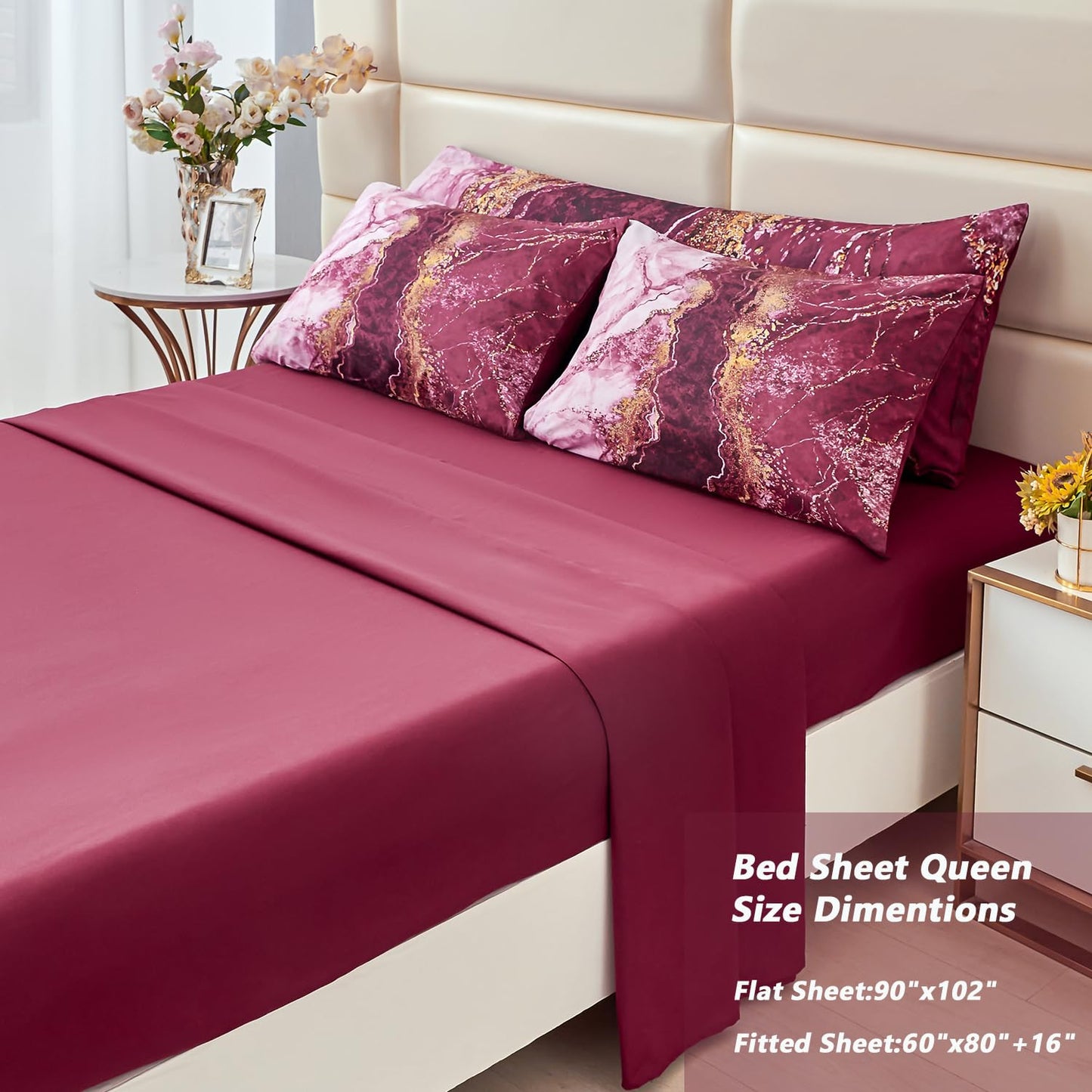 PERFEMET 6-Piece Bed in A Bag Queen Burgundy Marble Comforter Set with Sheets Aesthetic Retro Artwork Style Dark Red Bedding Set for All Season(Burgundy, Queen)