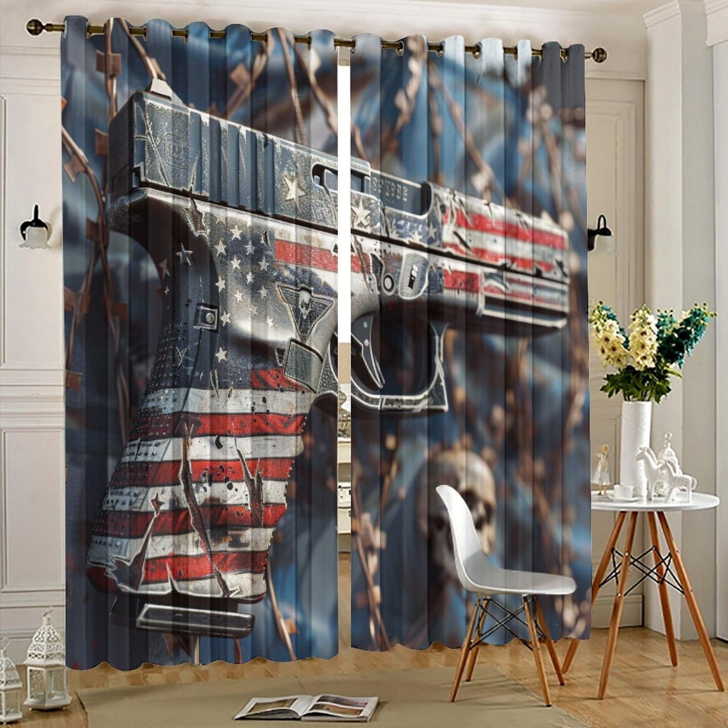 TOWINSFB American Flag Military Gun Blackout Curtains for Bedroom/Living Room, Gothic Skull War Theme Grommet Curtains Thermal Insulated Window Drapes, 2 Panels, Each 21W x 45L