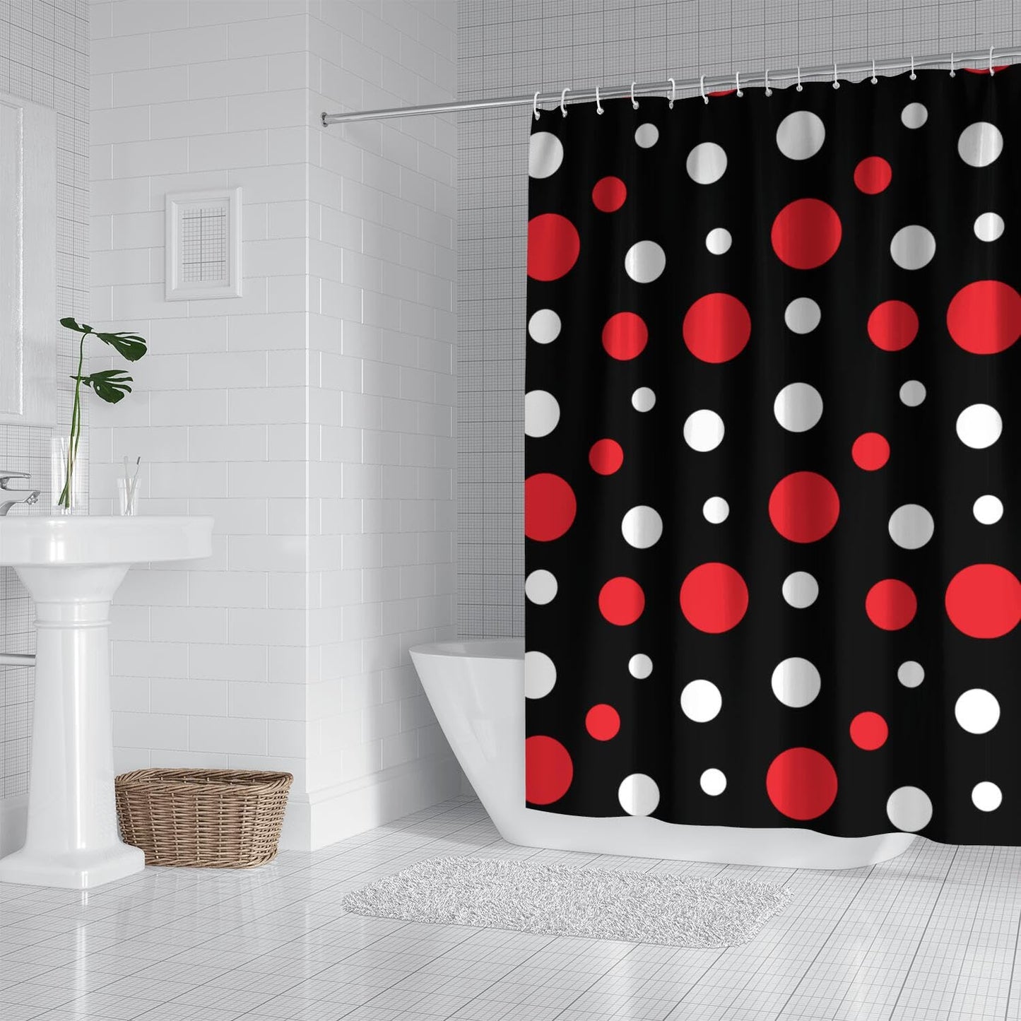 72x72 Inch Shower Curtain Home Decor Polka Dot Bath Curtain Sets Gift for Bathroom Accessories Great for Showers Bathtubs (Black bg red White dot)