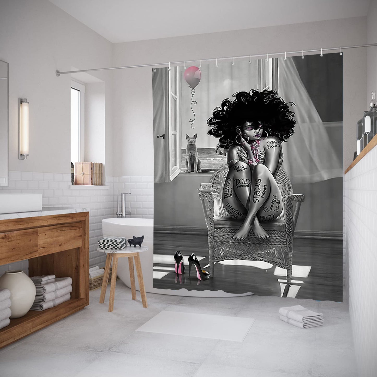 TYAKASHA African American Woman Shower Curtain Waterproof Polyester Fabric Shower Curtain for Bathroom Grey Bathroom Curtain Machine Washable Quick Dry 72 x 72 Inches with 12 Hooks