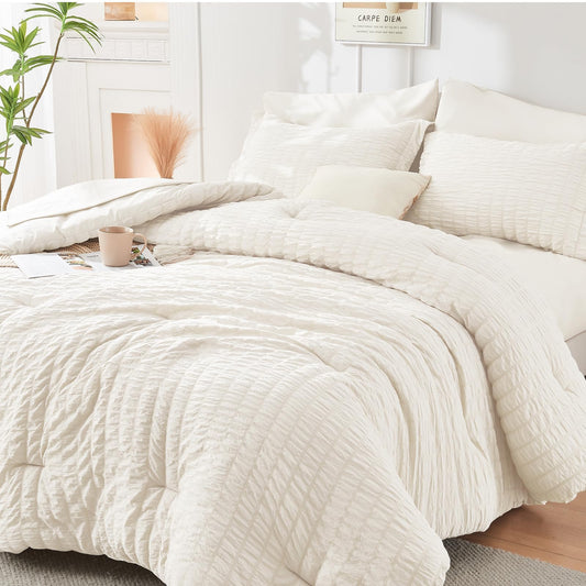 HYMOKEGE Ivory Oversized Queen Comforter Set Seersucker 7 Pieces, All Season Luxury Bed in a Bag for Bedroom, Bedding Set with Comforter, Sheets, Pillowcases & Shams