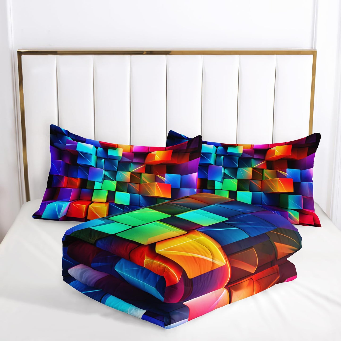 lneffble Colorful Checkered Comforter Set Full，3D Checkered Chic Gingham Bedding Set Full with 1 Comforter with 2 Pillow Case