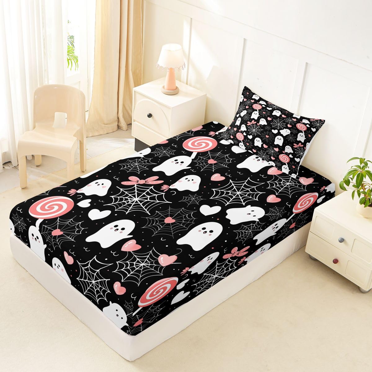Feelyou Ghost Fitted Sheet Twin Size for Kids Boys Girls Misty Forest Bed Sheets Set 16" Deep Pocket Soft Breathable Microfiber Trick or Treat Bedding with 1 Pillowcase Candy Room Decor Spider Web