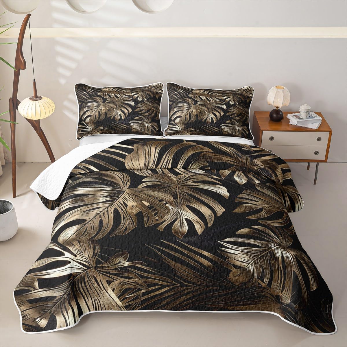 Erosebridal Palm Leaves Quilt Set Plant Branches Quilt Twin Hawaiian Tropical Theme Quilted Bedspread Black Gold Bedding Coverlet with 1 Pillowcase