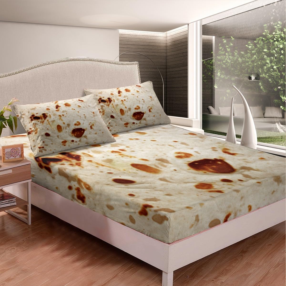 Feelyou Burritos Tortilla Bedding Set for Adult and Kids Ultra Soft Giant Funny Realistic Food Bed Sheet Set Set Breathable Novelty Soft Flannel Taco Fitted Sheet Queen Size 3Pcs