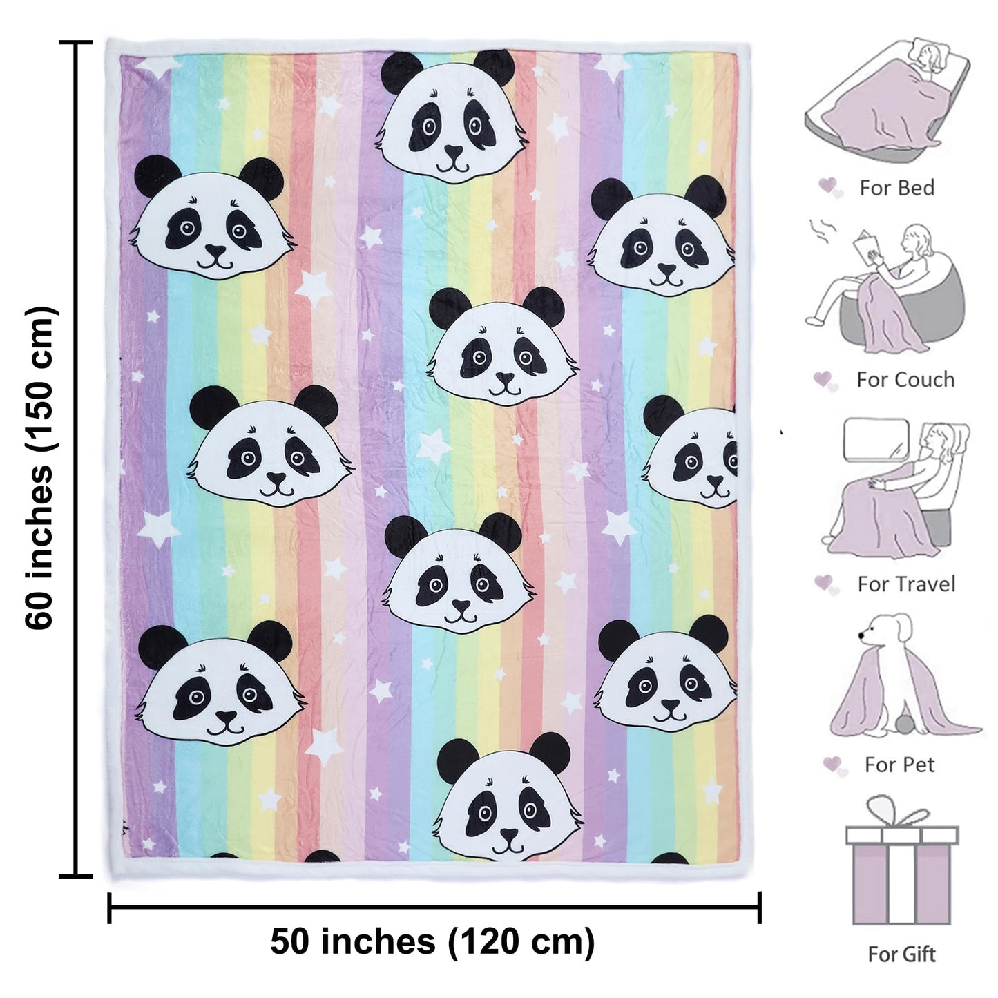 Panda Pattern Flannel Blanket - Super Soft Rainbow Cozy Throw for Girls Kids Teens, Lightweight, Cute Bedding for Home Bedroom Sofa Couch Gifts for Pandas Lover (Rainbow Panda, 50x60 Inches)