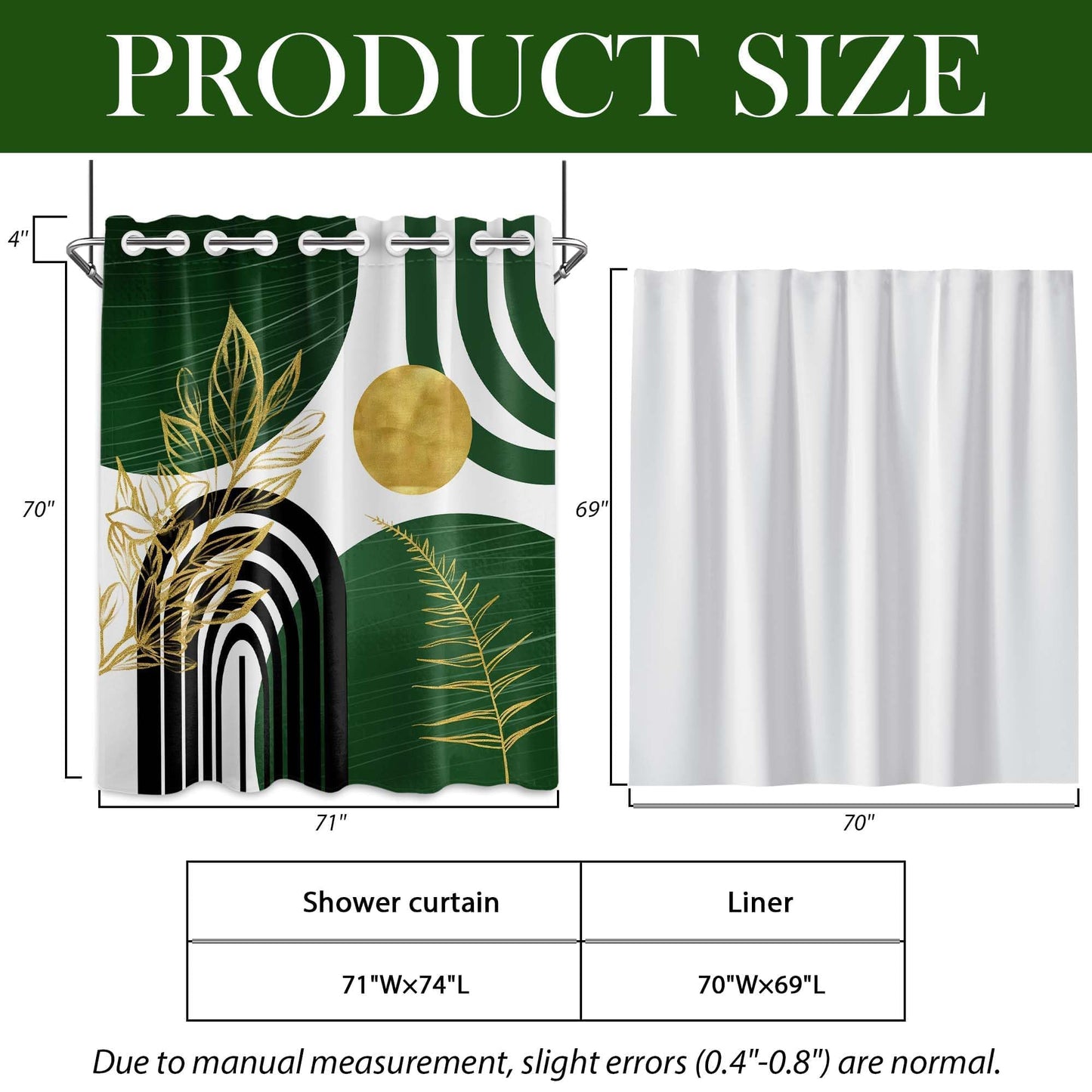 Bxpaitx Olive Green and Gold Hookless Shower Curtain with Snap in Liner Set, Bohemian Emerald Green No Hook Shower Curtains for Mid Century Modern Bathroom, Waterproof Cloth Fabric, 71x74 in