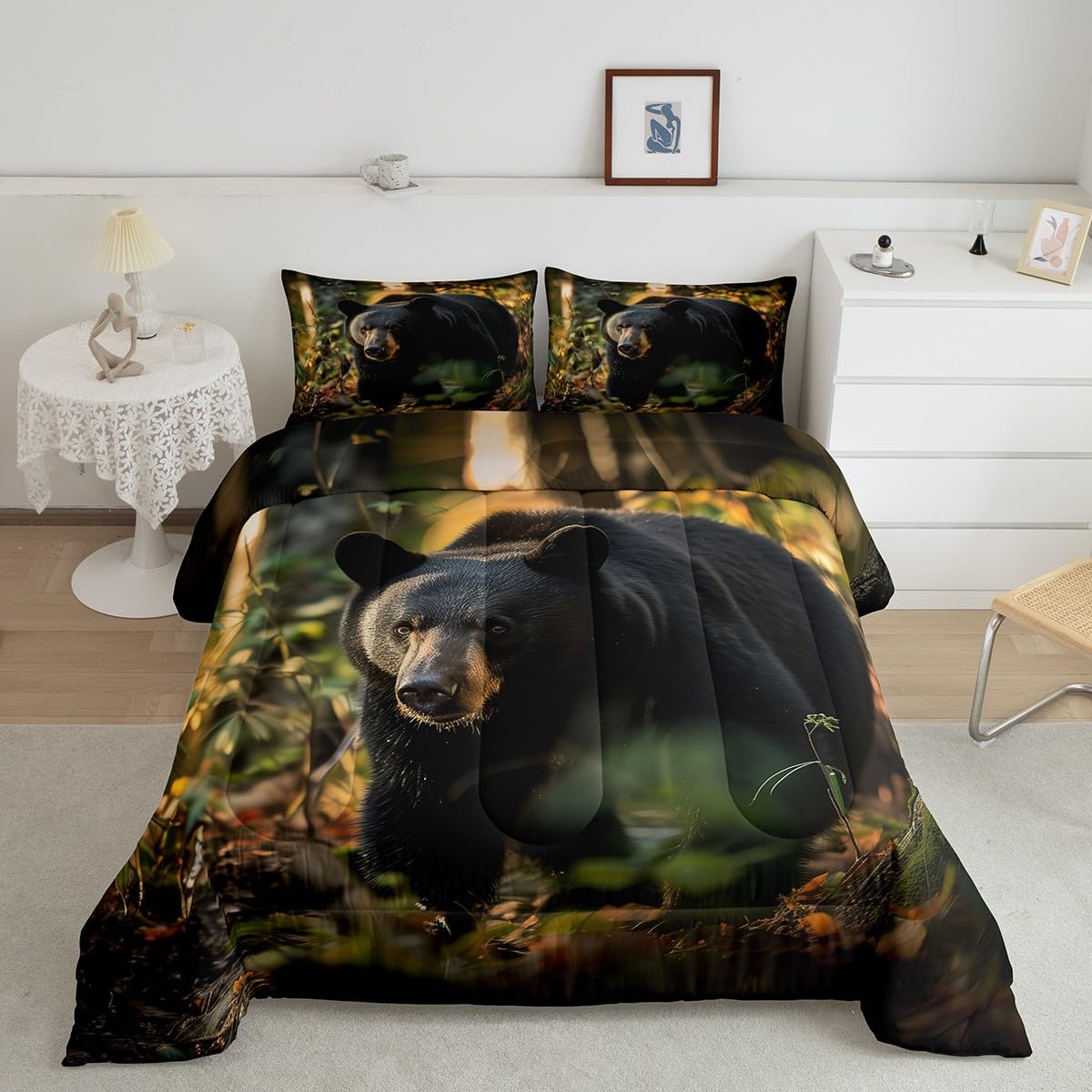 Erosebridal Black Bear Bedding Sets 7 Piece Twin 3D Wildlife Print Comforter Set for Teens Adults Farmhouse Woodland Bear Quilt with Flat Fitted Sheet Nature Jungle Animal Bed in A Bag,Black