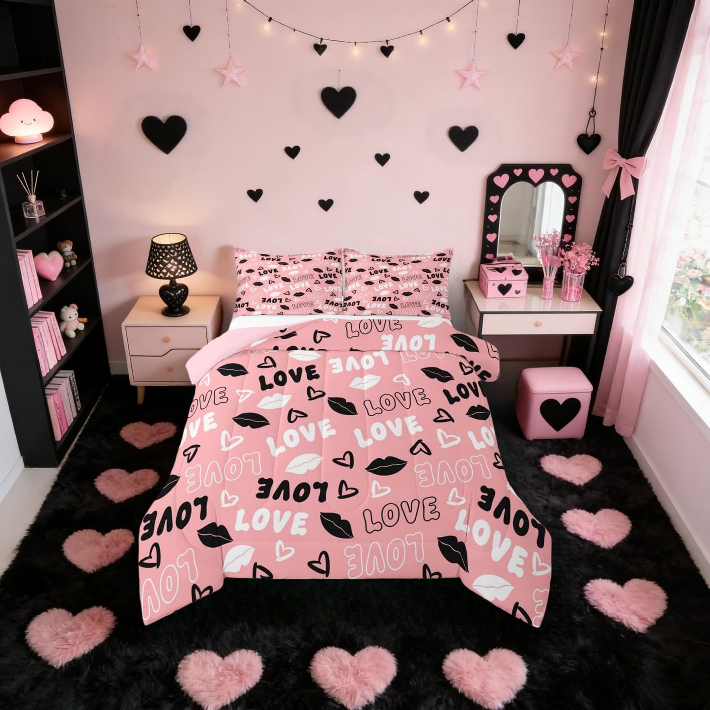 Erosebridal Pink Love Comforter Set Queen Size Black and White Love Heart Lips Bedding Set for Girls Women Romantic Valentine Day Comforter Modern Fashion Cute Aesthetics Quilt Duvet