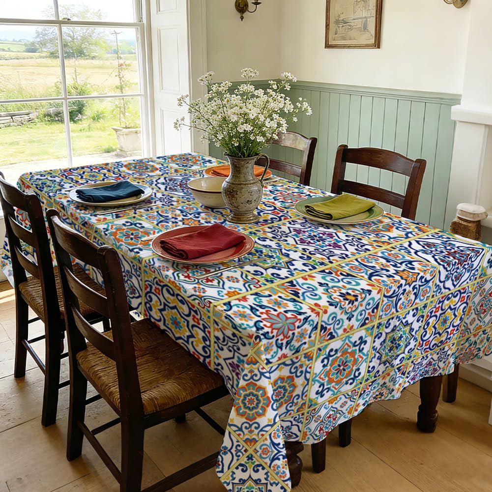 ANATTASOUL Tile Pattern Rectangle Table Cloth Waterproof 6ft Fall Tablecloth, 84"x60" Stain Resistant and Wrinkle Free Table Cover for Dining Party Buffet Camping Wedding