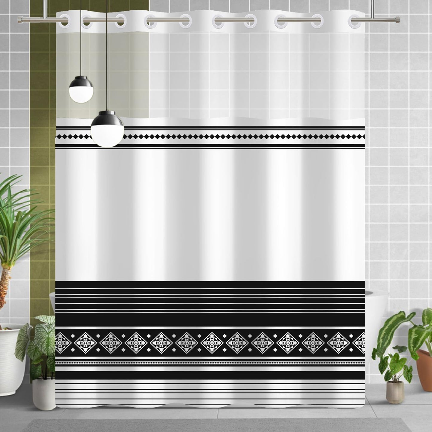 Xiazhilaio No Hook Striped Shower Curtain and Liner Set 71 x 74Inch