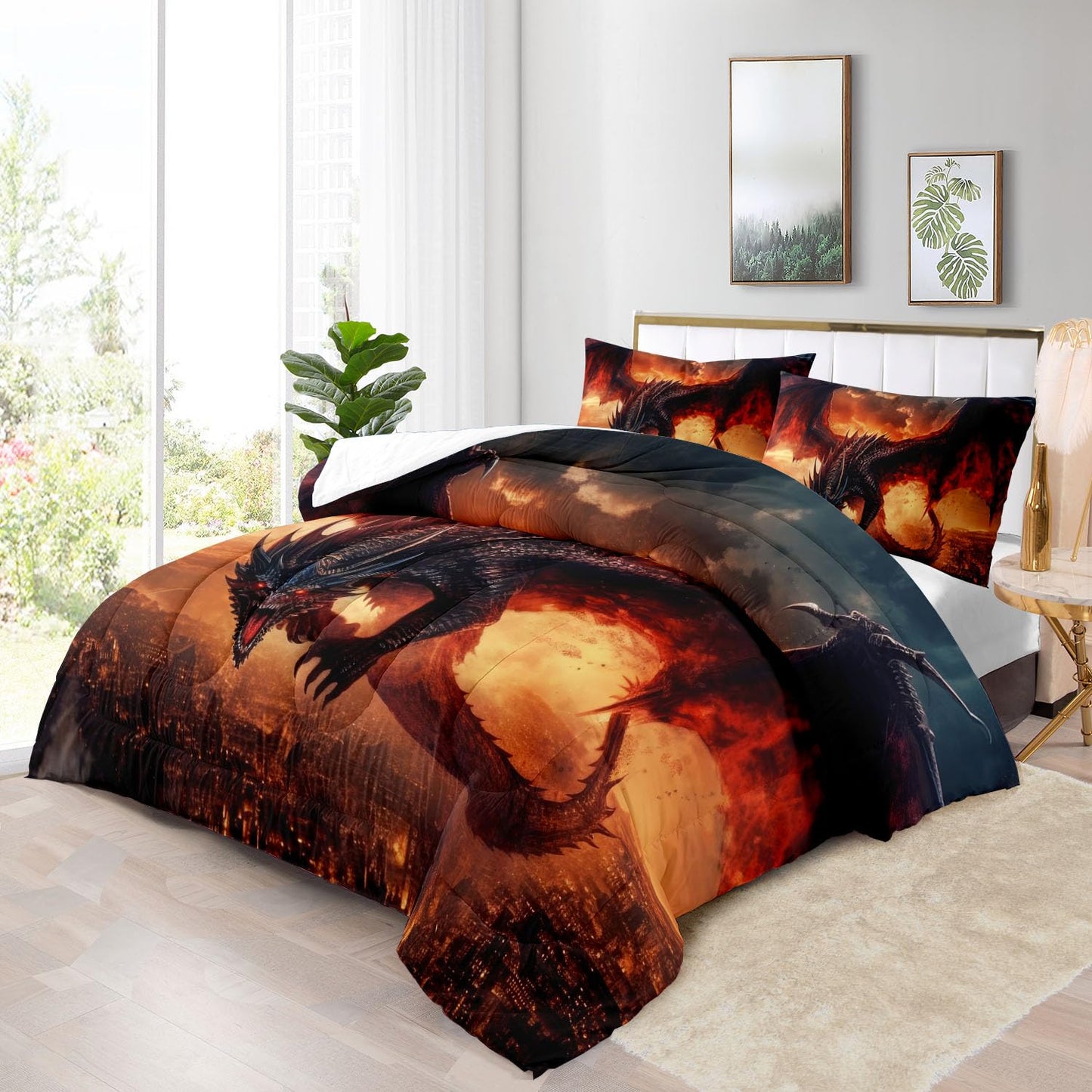 Raphus Cucullatus Dragon Comforter Set - Twin Size, Ancient Wild Animal Dragon Pattern Bedding for Boys