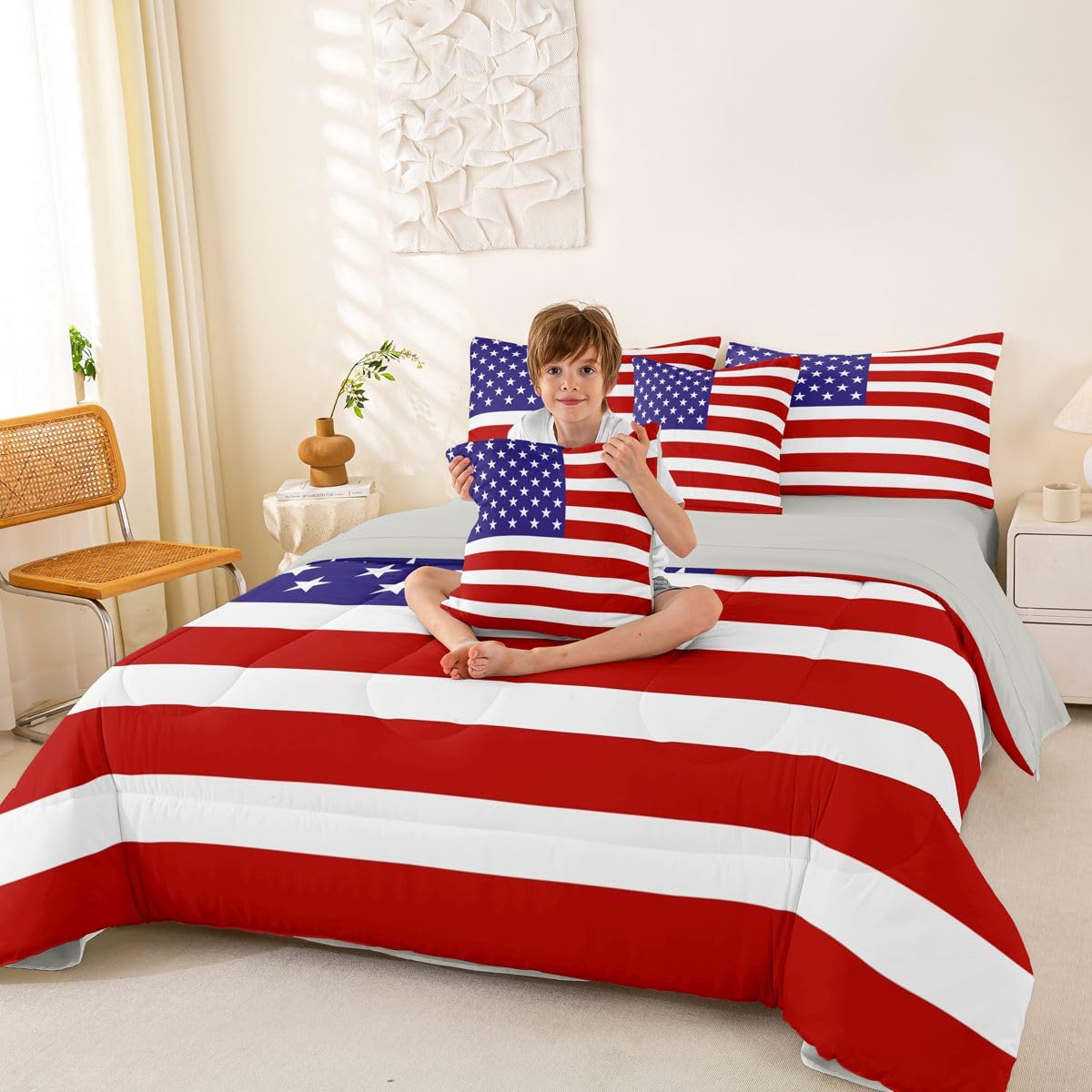 Feelyou American Flag Comforter Set with Sheets 7 Piece King Size World Countries Bed in a Bag Kids Boys Girls International Flag Bedding Set Bedroom Decor Breathable Soft Lightweight Microfiber
