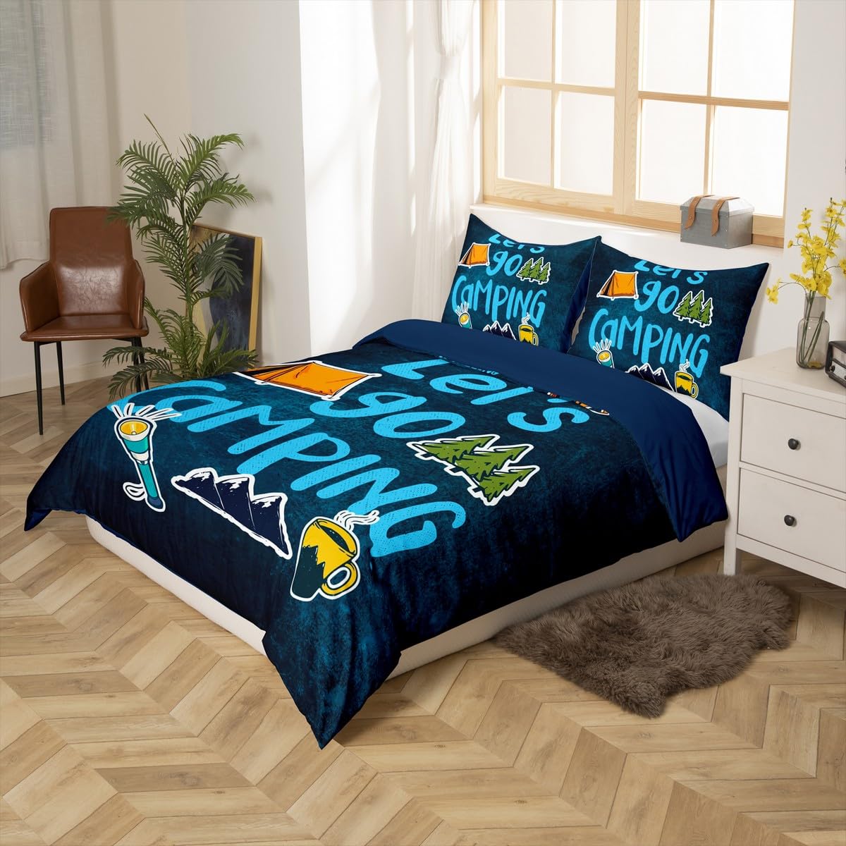 Happy Camping Duvet Cover Set King,Cartoon Camper Theme Comforter Cover Rustic Farmhouse Style Quilt Cover Navy Blue Bedding Set 3pcs for Kids Girls Teens Boys Room Decor with 2 Pillowcases