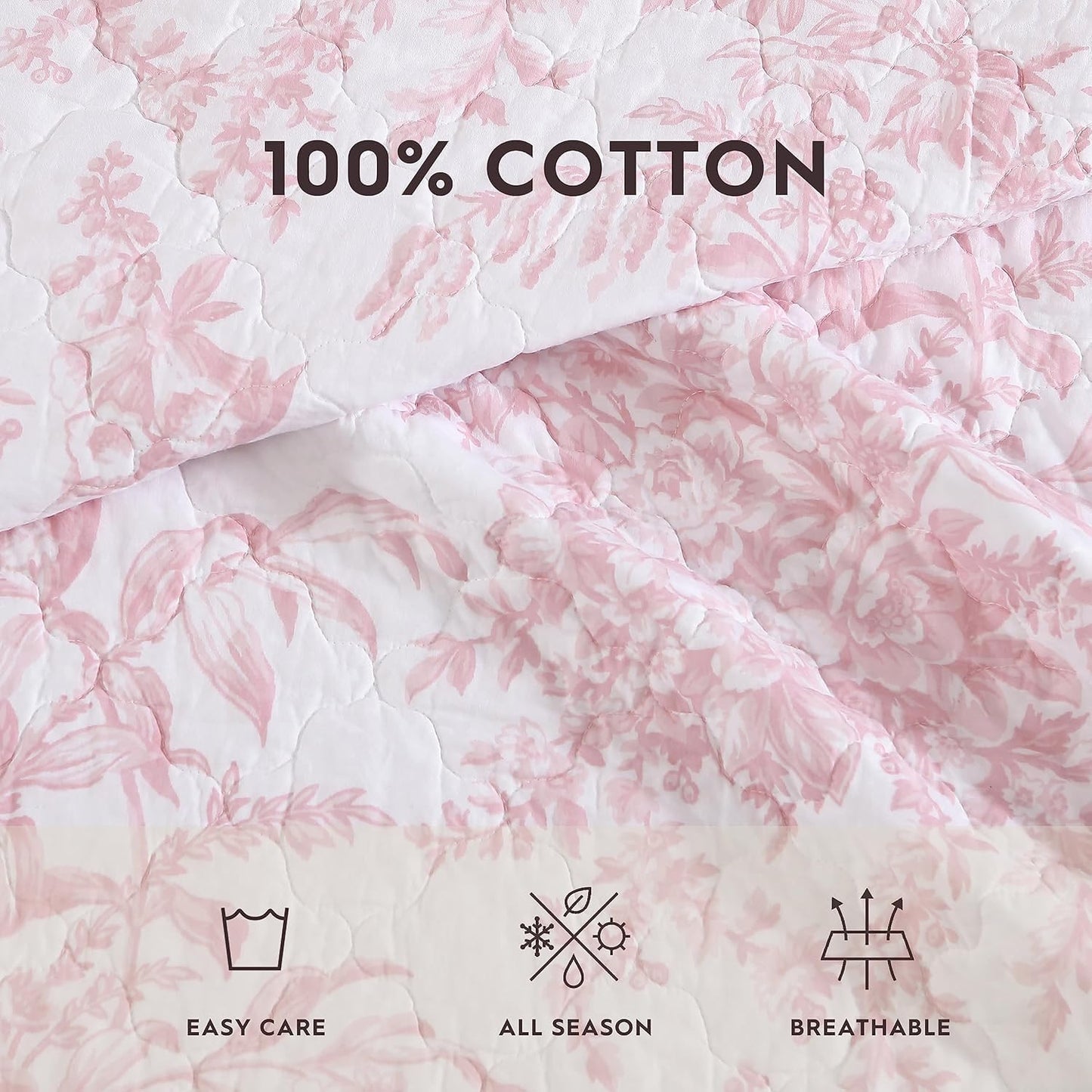 Laura Ashley - Queen Quilt Set, 100% Cotton Cover with Cotton Blend Fill, Prewashed for Softness, Reversible Floral Bedding with Matching Shams (Pink)