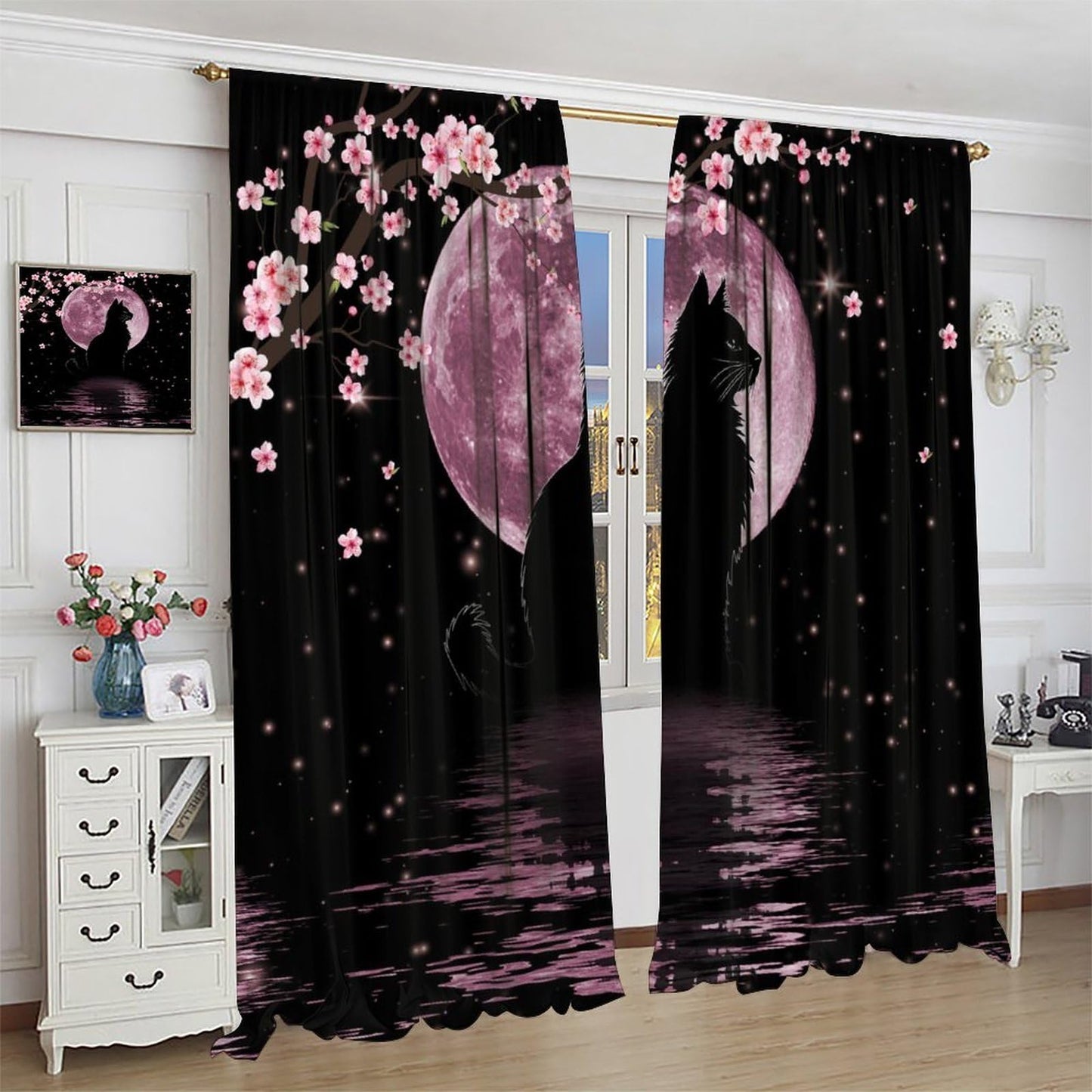 wlsgdsg Asian Cat Curtains for Kitchen Cartoon Cherry Blossom Pink Floral Moon Phase Black Cat Japanese Style Kawaii Cute Print for Kids Bedroom Living Room Bathroom 42x45In（No Blackout）