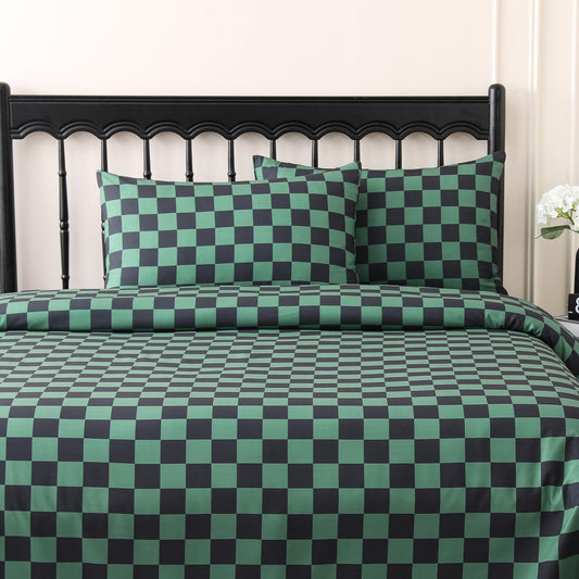 MICORAL Queen Sheet Set Green Gingham Plaid, 4-Piece Brushed Microfiber Taupe Grid Bed Sheets, 16" Deep Pocket, Ultra Soft & Cooling Sheet, Oeko-TEX Certified, Green Black Checkered