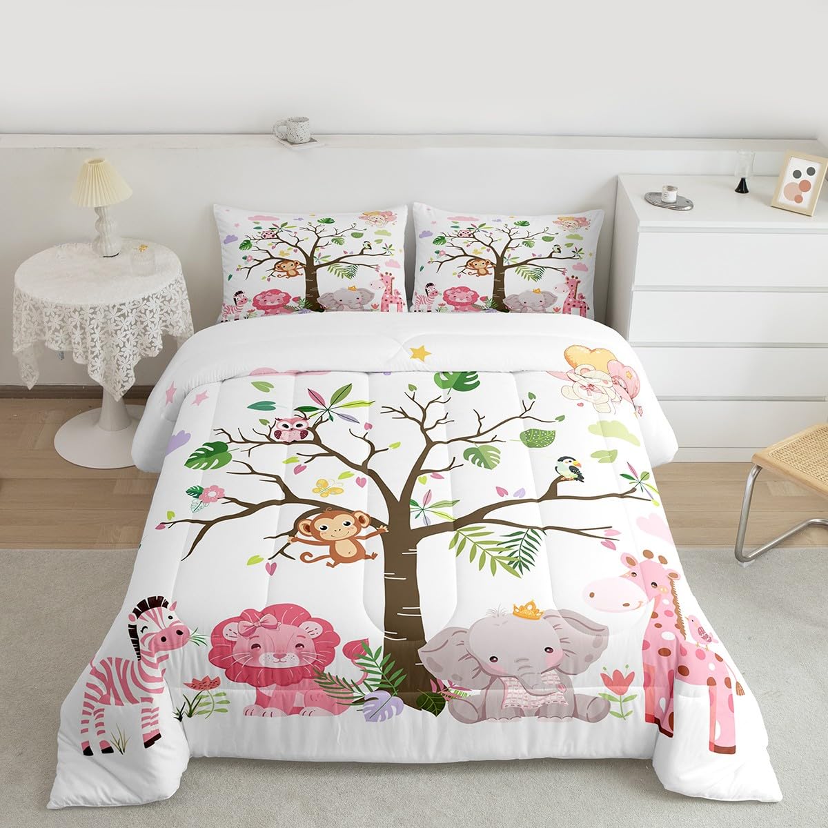Erosebridal Pink Wildlife Comforter Set Twin Size Woodland Animals Bedding Set for Kids Girls BoysLion Giraffe Elephant Zebra Comforter Nature Safari Quilt Bedroom Decor