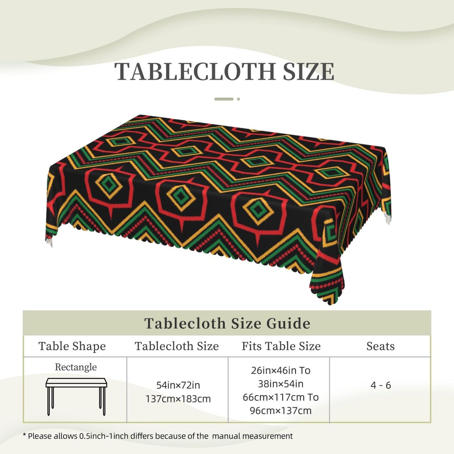 GOUROISE Ethnic African Ikat Print Rectangular Tablecloth, African Ethnic 54x72 Inch Wavy Lace Border Polyester Table Cloth for Dining, Kitchen, Parties