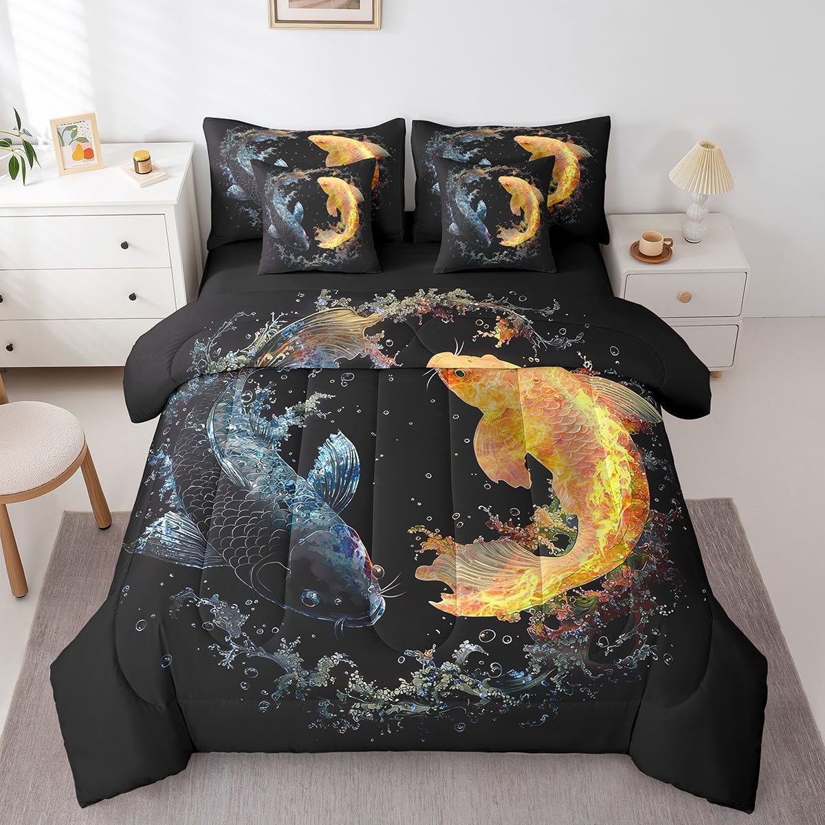 Erosebridal Teal 3D Fish 7 Pcs Comforter Set Queen Size,Fish Scales Wildlife Bed in a Bag with Flat Sheet and Fitted Sheet for Kids Teens Adult,Hunting Bedding Set with Pillowcase and Sham Reversible