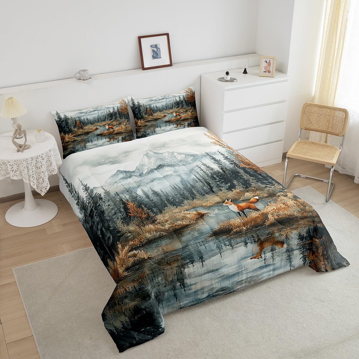 Fox Bedding Set Full Size,Tree Woodland Mountain Comforter Set for Kids Boys Girls Teens Room Decor,Lake House Nature Duvet Insert 3Pcs,Abstract Rustic Style Wild Animal Quilt Set,2 Pillowcases