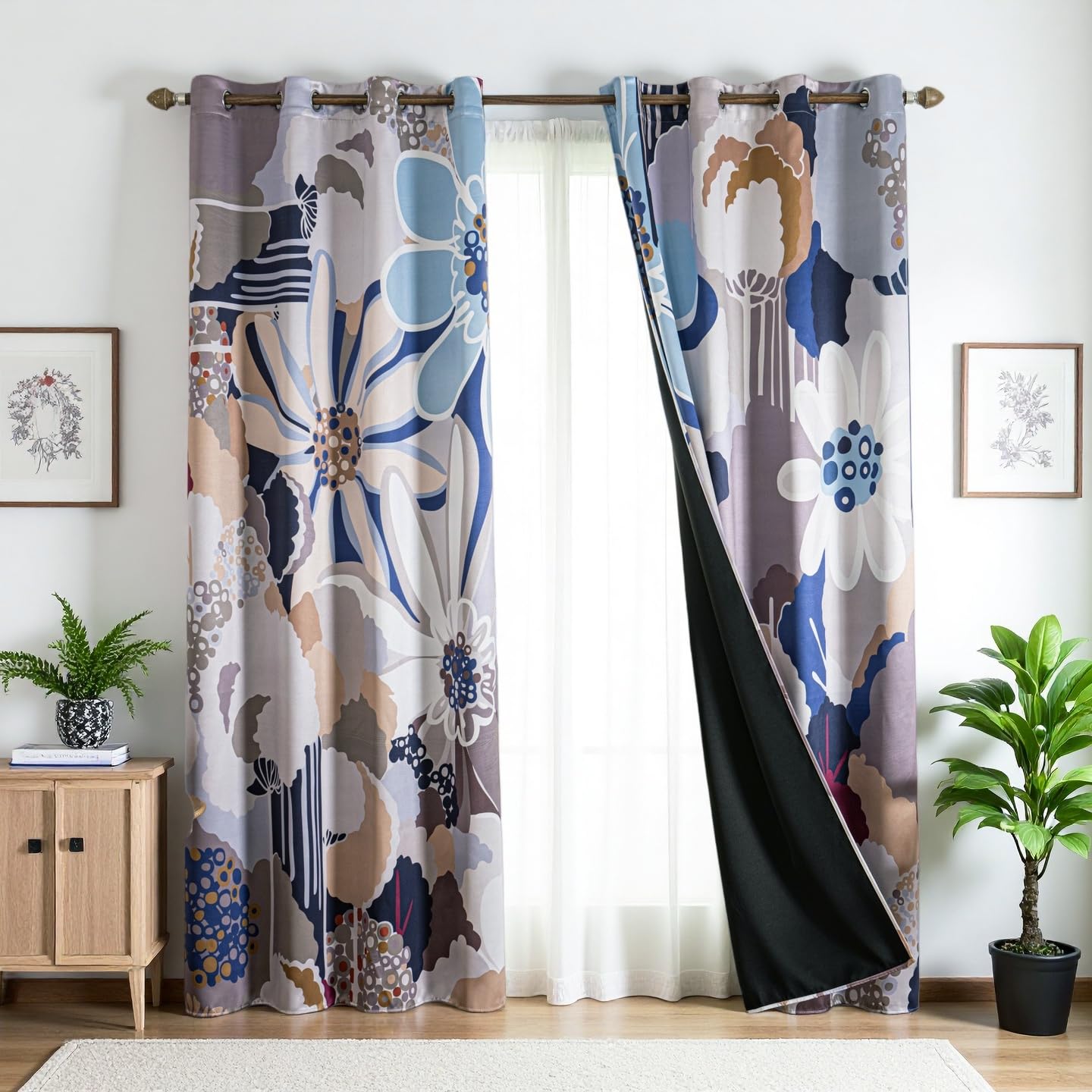 100% Blackout Curtains for Bedroom 84 inch Long 2 Panels Set Grommet Gray Blue Abstract Geometric Floral Patterned Black Out Curtains Room Darkening Window Drapes Treatment for Living Room, 52Wx84L