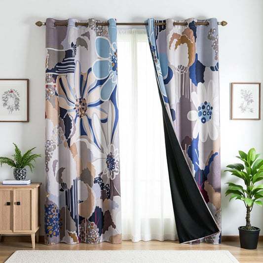 100% Blackout Curtains for Bedroom 84 inch Long 2 Panels Set Grommet Gray Blue Abstract Geometric Floral Patterned Black Out Curtains Room Darkening Window Drapes Treatment for Living Room, 52Wx84L